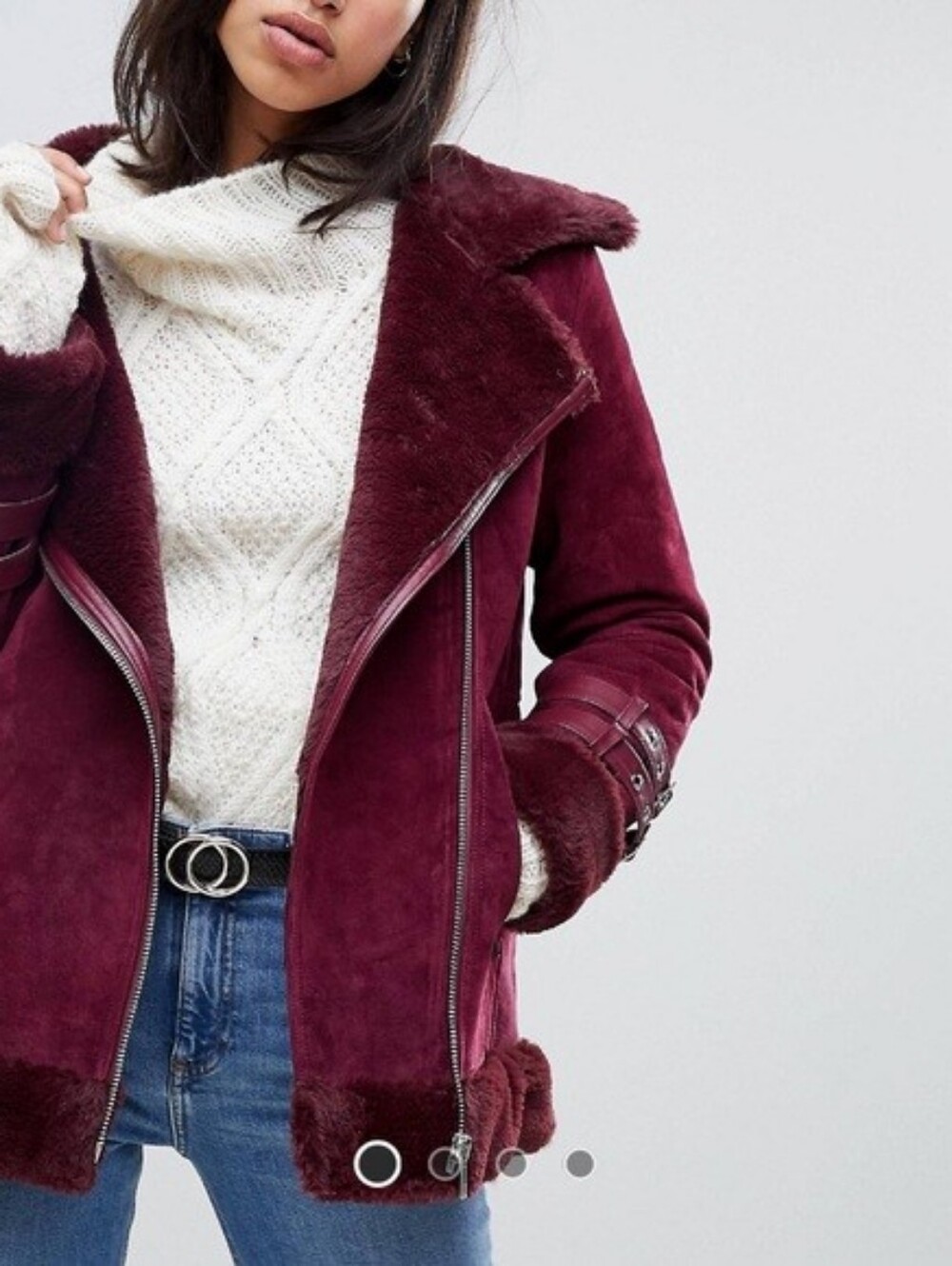 ASOS Red Burgundy Real Suede Moto Jacket with Faux Fur Collar Size US 4